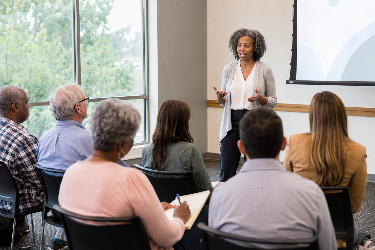 Speaker presenting Medicare information to a community group