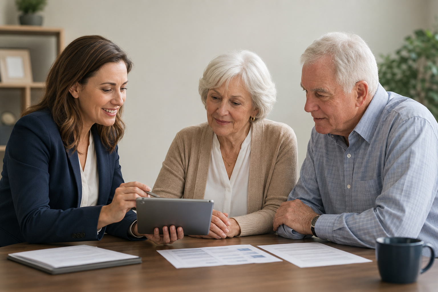 Agent reviewing plan papers with a senior client