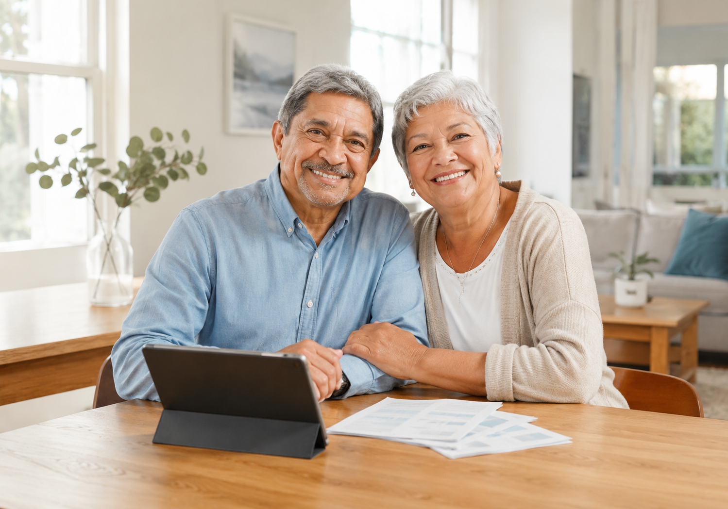 Older man smiling outdoors while reviewing Medicare options