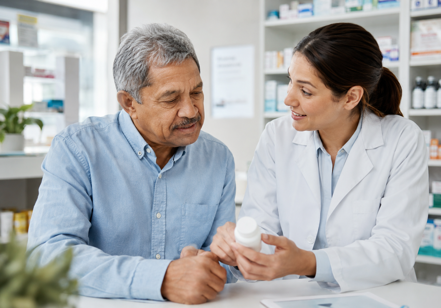 Senior man speaking with a pharmacist about prescriptions